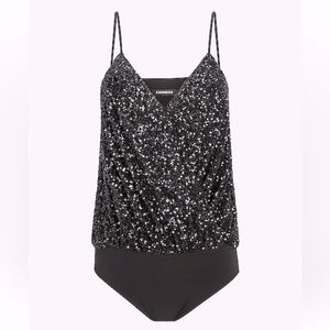 Express Sequin Faux Wrap Thong Bodysuit in Black Size Small. Worn only once!